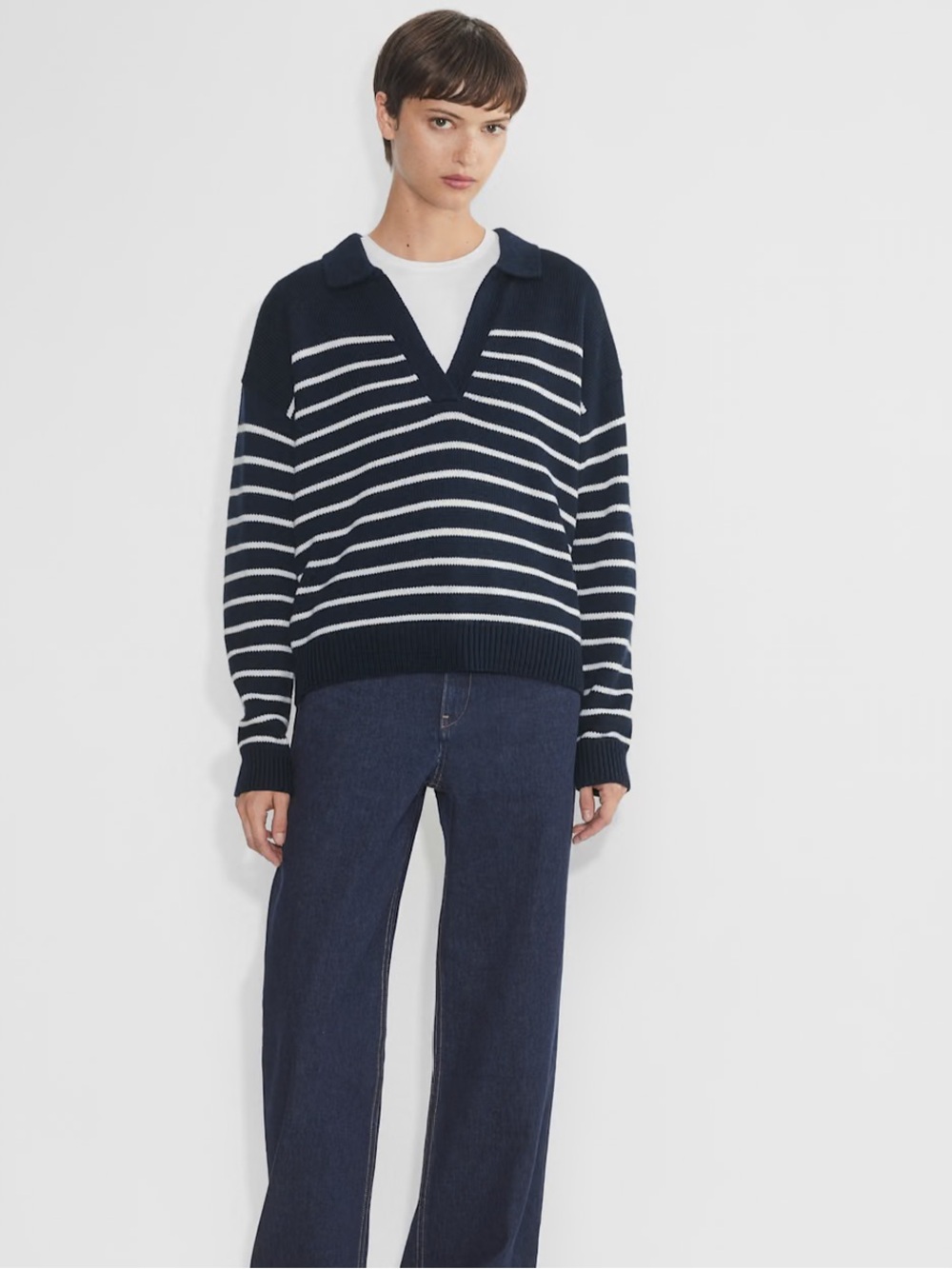 Aritzia Wilfred Clara Navy and White Striped Wool Sweater Nautical Fisherman XS